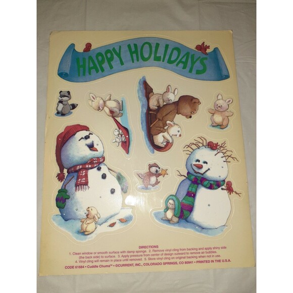 Vtg Santa Vinyl Window Clings Cuddle Chums Current Inc Snowmen Critters - Picture 1 of 6